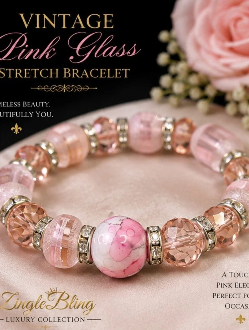 Vintage Pink Art Glass Beaded Bracelet Rhinestone Stretch Statement